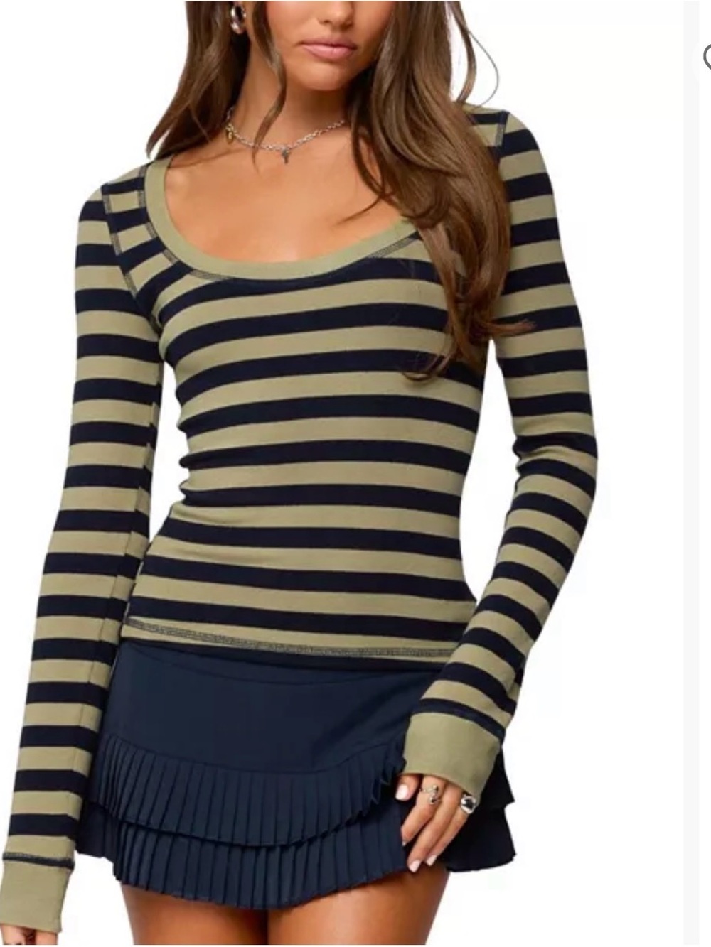 Striped Scoop Neck Long Sleeve Top - Black & Olive